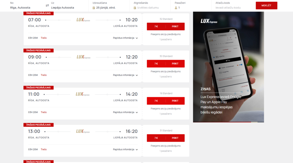 LUX EXPRESS biļetes uz Liepāju un Daugavpili no Rīgas