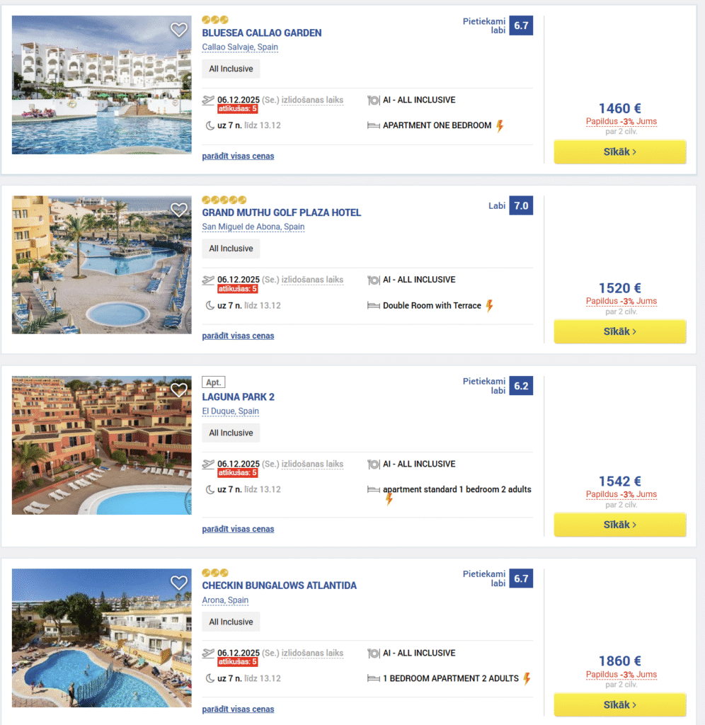 TENERIFE ALL INCLUSIVE Ceļojums no Rīgas