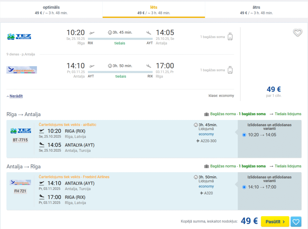 Tiešie lidojumi uz ANTĀLIJU no Rīgas