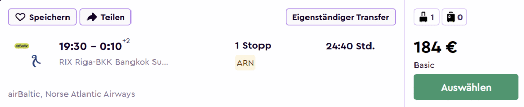 Lidojumi uz Bangkoku, TAIZEMI no Rīgas vienā virzienā