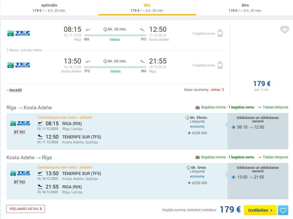 Tiešie lidojumi uz TENERIFI no Rīgas