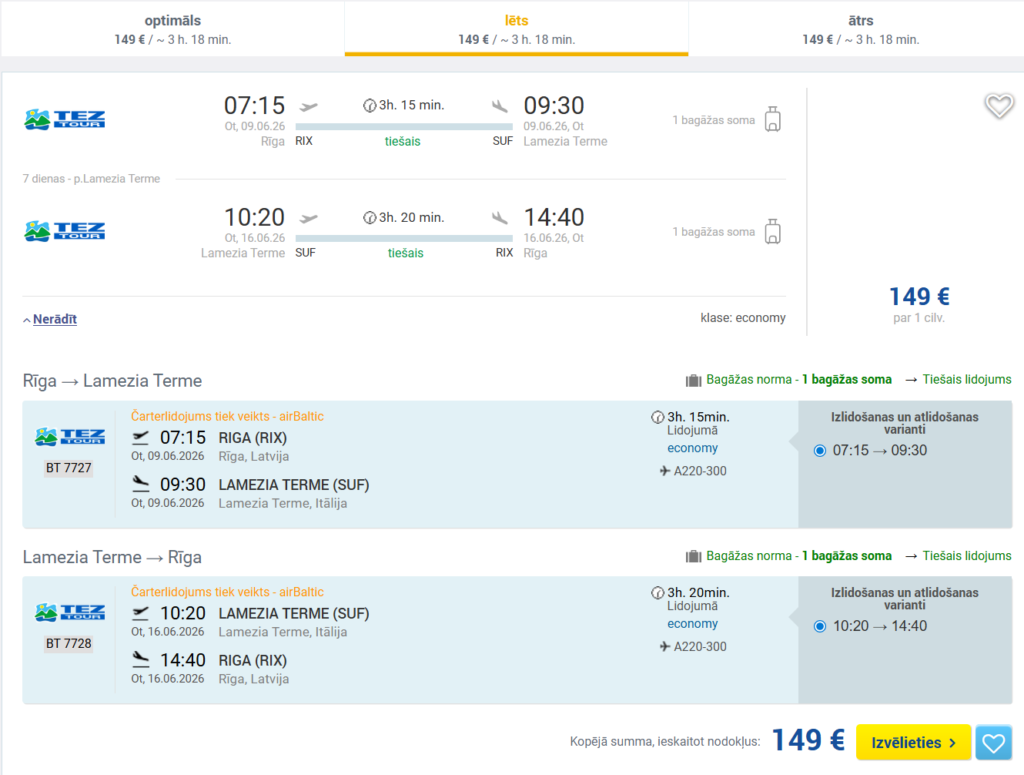 Tiešie lidojumi uz KALABRIJU (ITĀLIJA) no Rīgas