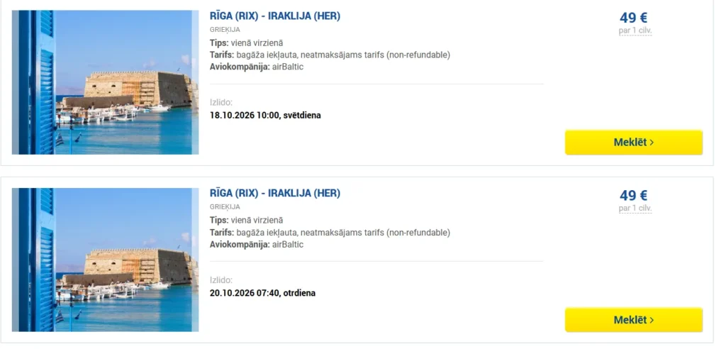 Tiešie lidojumi uz KRĒTU no Rīgas vienā virzienā